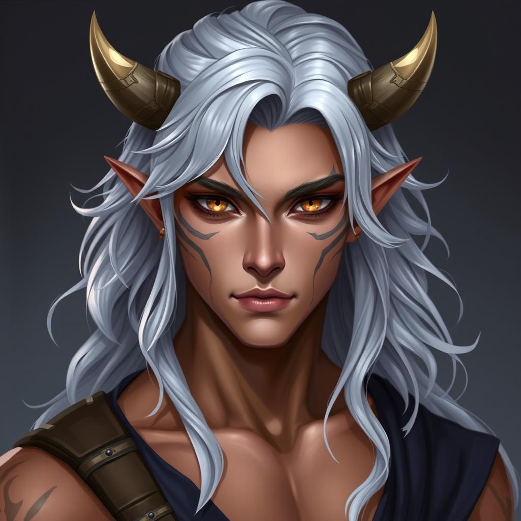 Nephalem male with long, wavy silver hair and piercing amber eyes, around 25 years old