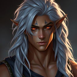 Nephalem male with long, wavy silver hair and piercing amber eyes, around 25 years old