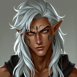 Nephalem male with long, wavy silver hair and piercing amber eyes, around 25 years old