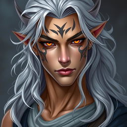 Nephalem male with long, wavy silver hair and piercing amber eyes, around 25 years old