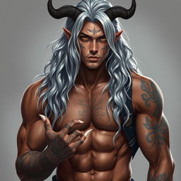 A Nephalem male in his mid-twenties with long, wavy silver hair cascading down his back