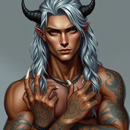 A Nephalem male in his mid-twenties with long, wavy silver hair cascading down his back