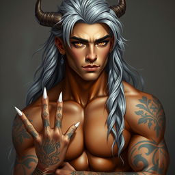 A Nephalem male in his mid-twenties with long, wavy silver hair cascading down his back