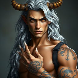 A Nephalem male in his mid-twenties with long, wavy silver hair cascading down his back