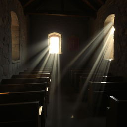 A captivating scene inside a humble chapel, where dramatic equinoctial light streams in through small windows, casting long, ethereal shadows across the wooden pews