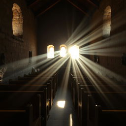 A captivating scene inside a humble chapel, where dramatic equinoctial light streams in through small windows, casting long, ethereal shadows across the wooden pews