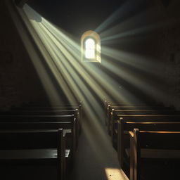 A captivating scene inside a humble chapel, where dramatic equinoctial light streams in through small windows, casting long, ethereal shadows across the wooden pews