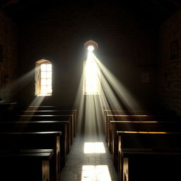 A captivating scene inside a humble chapel, where dramatic equinoctial light streams in through small windows, casting long, ethereal shadows across the wooden pews