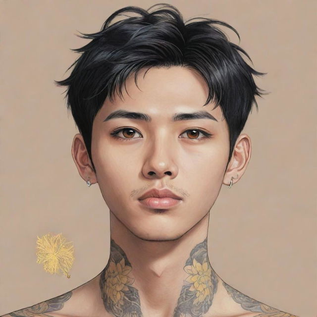 Anime-style illustration of a young Asian man with distinctive yellow eyes and no facial hair. He has elegant tattoos on his neck, emanating a youthful vibe.