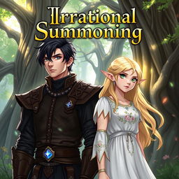 A fantasy cover illustration featuring a black-haired man in medieval attire and a blonde elf with green eyes wearing a flowing white dress