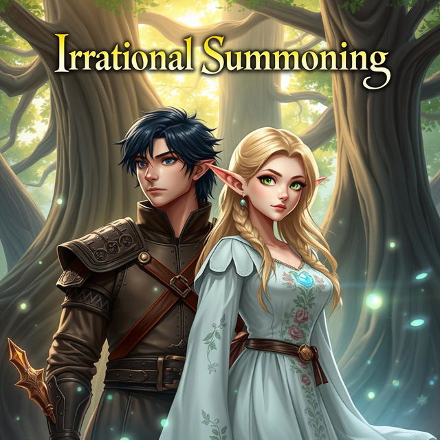 A fantasy cover illustration featuring a black-haired man in medieval attire and a blonde elf with green eyes wearing a flowing white dress