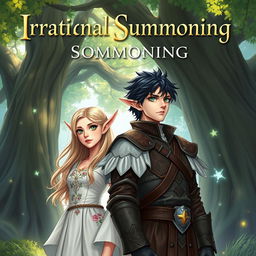 A fantasy cover illustration featuring a black-haired man in medieval attire and a blonde elf with green eyes wearing a flowing white dress