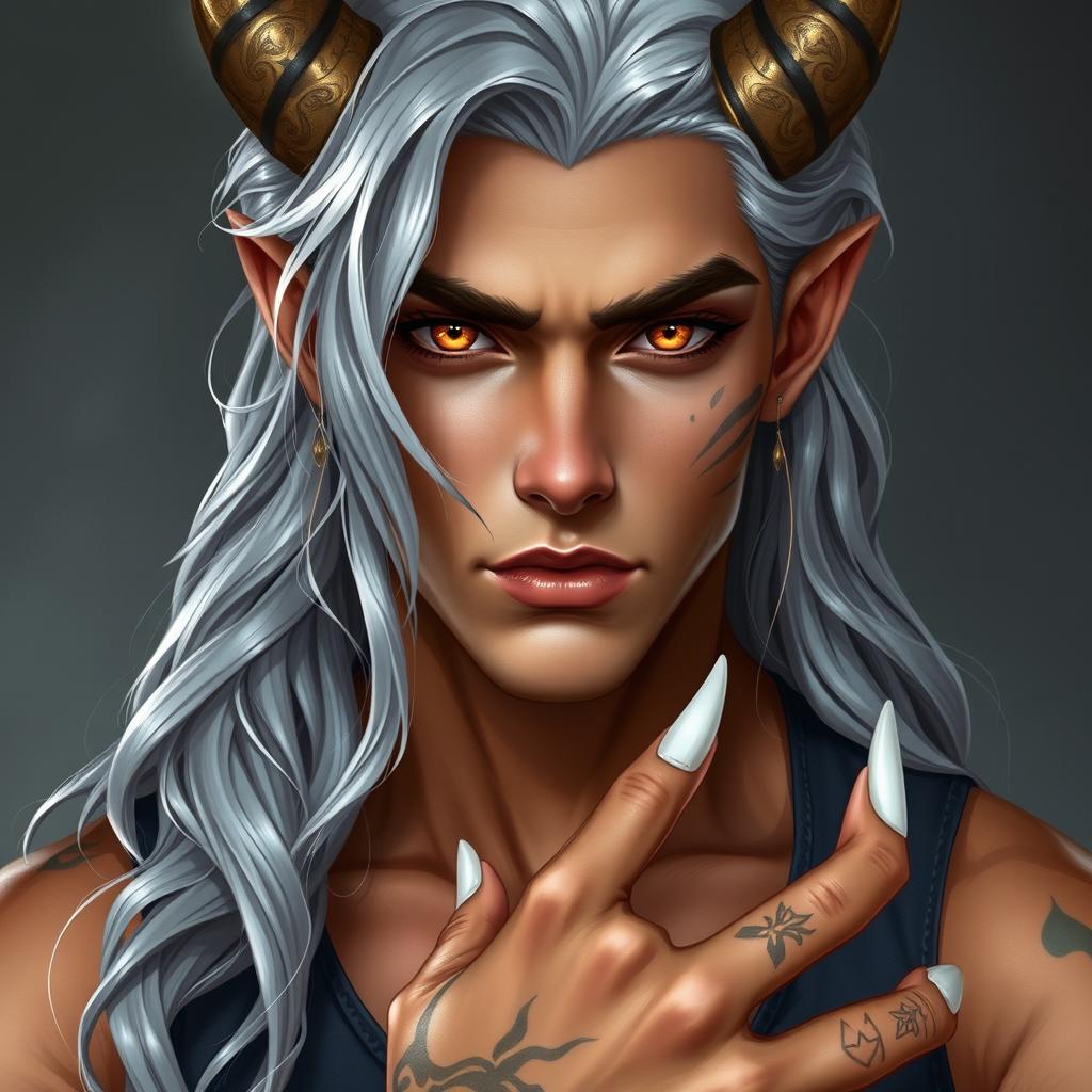 A Nephalem male in his mid-twenties with long, wavy silver hair cascading elegantly