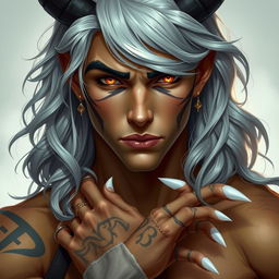 A Nephalem male in his mid-twenties with long, wavy silver hair cascading elegantly