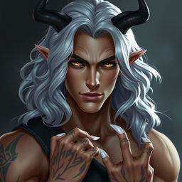 A Nephalem male in his mid-twenties with long, wavy silver hair cascading elegantly