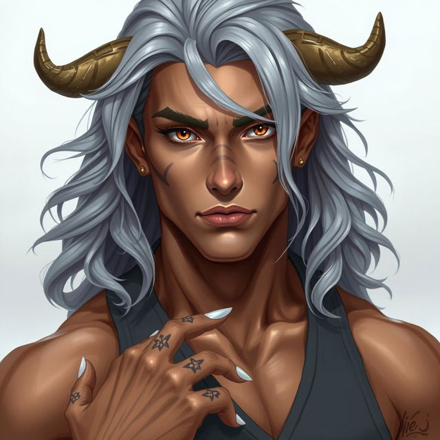 A Nephalem male in his mid-twenties with long, wavy silver hair cascading elegantly