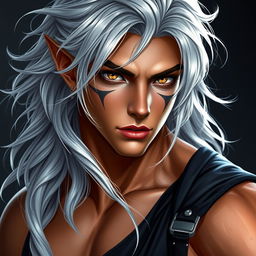 A striking Nephalem male in his mid-twenties with beautifully long, wavy silver hair that flows gracefully