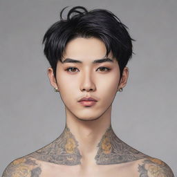 Anime-style illustration of a young Asian man with distinctive yellow eyes and no facial hair. He has elegant tattoos on his neck, emanating a youthful vibe.