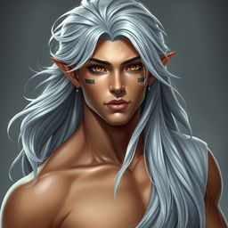 A striking Nephalem male in his mid-twenties with beautifully long, wavy silver hair that flows gracefully