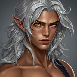 A striking Nephalem male in his mid-twenties with beautifully long, wavy silver hair that flows gracefully