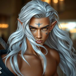 A striking Nephalem male in his mid-twenties with beautifully long, wavy silver hair that flows gracefully