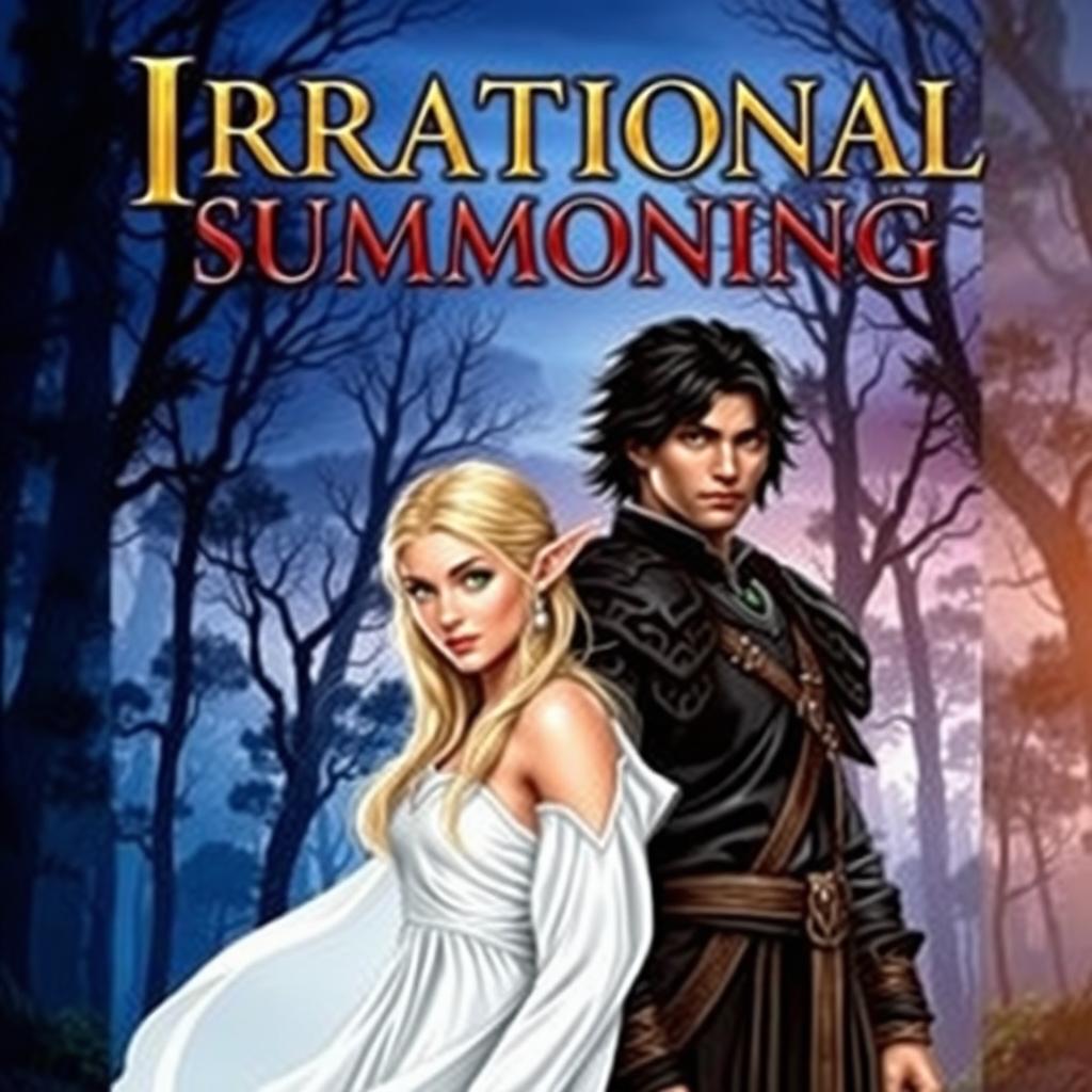 A fantasy book cover featuring a black-haired man in medieval attire, standing confidently next to a blonde elf with vibrant green eyes