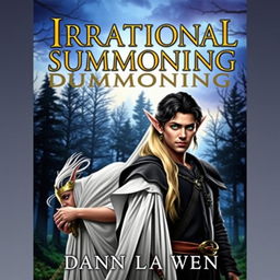 A fantasy book cover featuring a black-haired man in medieval attire, standing confidently next to a blonde elf with vibrant green eyes