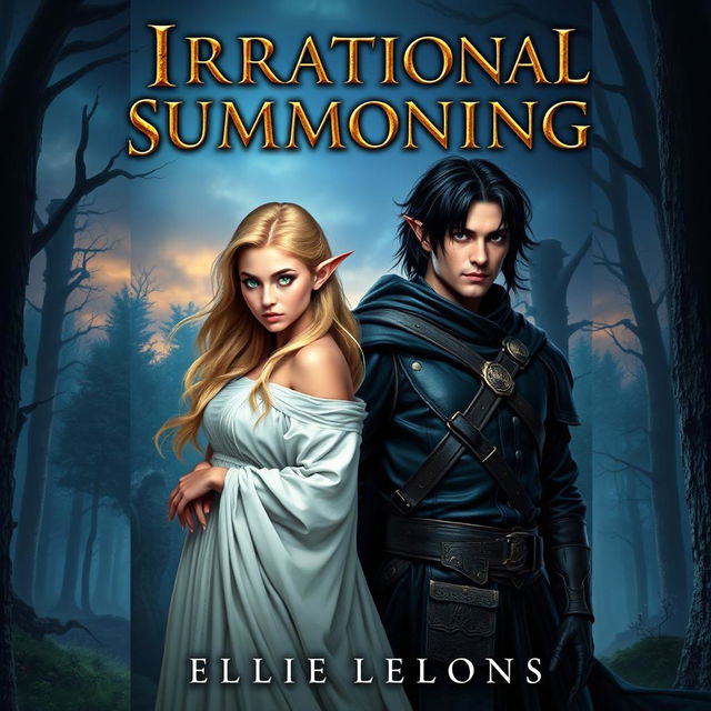 A fantasy book cover featuring a black-haired man in medieval attire, standing confidently next to a blonde elf with vibrant green eyes