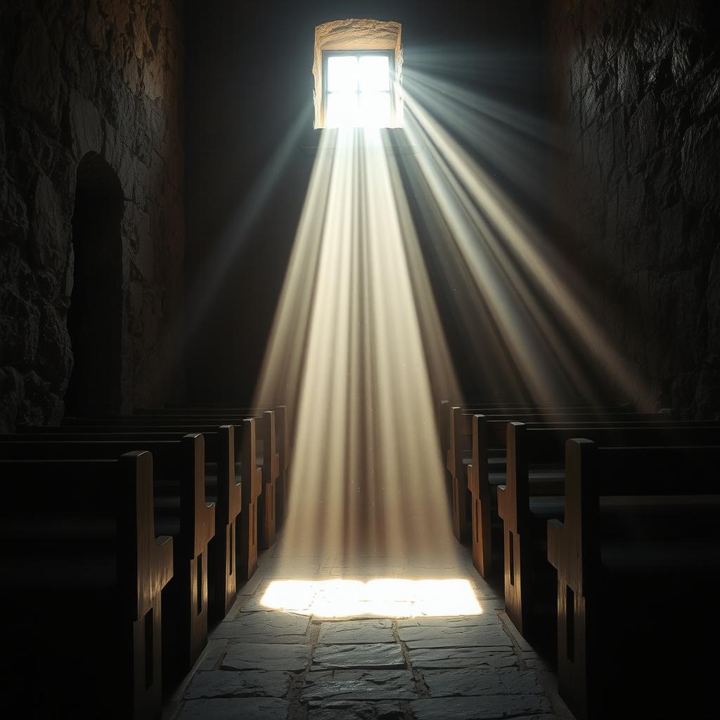 A captivating scene inside a humble chapel, illuminated by a single, dramatic equinoctial light beam