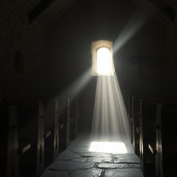 A captivating scene inside a humble chapel, illuminated by a single, dramatic equinoctial light beam