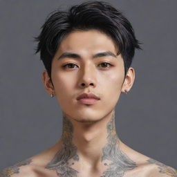 Anime-style illustration of a young Asian man with distinctive yellow eyes and no facial hair. He has elegant tattoos on his neck, emanating a youthful vibe.