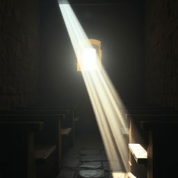 A captivating scene inside a humble chapel, illuminated by a single, dramatic equinoctial light beam