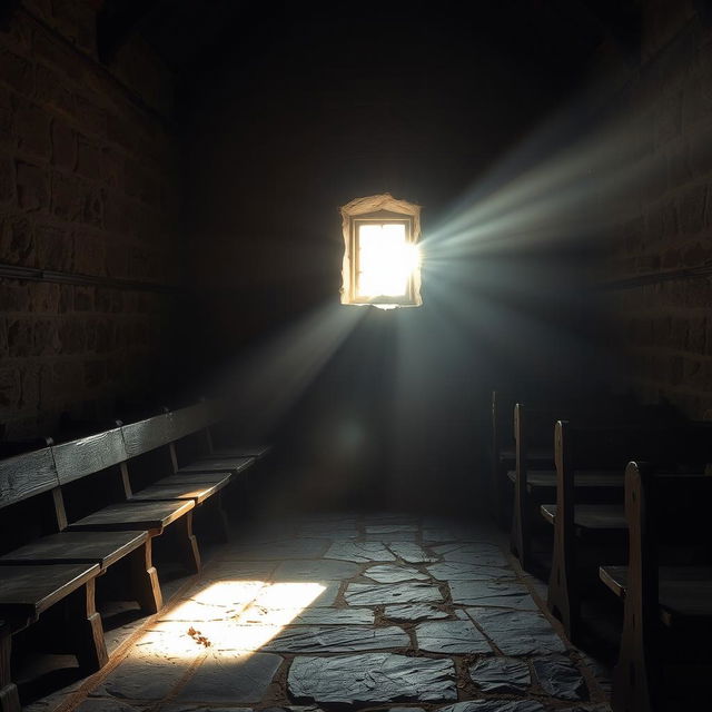 A captivating scene inside a humble chapel, illuminated by a single, dramatic equinoctial light beam