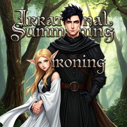 A fantasy cover illustration featuring a black-haired man in medieval attire standing confidently beside a blonde elf with green eyes