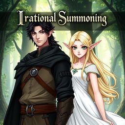 A fantasy cover illustration featuring a black-haired man in medieval attire standing confidently beside a blonde elf with green eyes