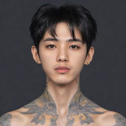 Anime-style illustration of a young Asian man with distinctive yellow eyes and no facial hair. He has elegant tattoos on his neck, emanating a youthful vibe.