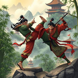 A captivating manhua-style scene depicting a dynamic and intense martial arts battle between two skilled warriors, set in an ancient Chinese landscape