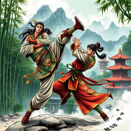 A captivating manhua-style scene depicting a dynamic and intense martial arts battle between two skilled warriors, set in an ancient Chinese landscape