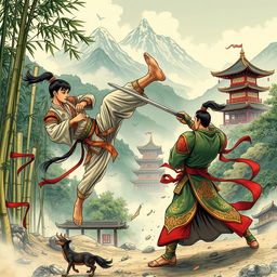 A captivating manhua-style scene depicting a dynamic and intense martial arts battle between two skilled warriors, set in an ancient Chinese landscape