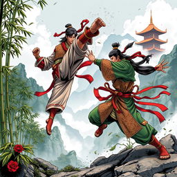 A captivating manhua-style scene depicting a dynamic and intense martial arts battle between two skilled warriors, set in an ancient Chinese landscape