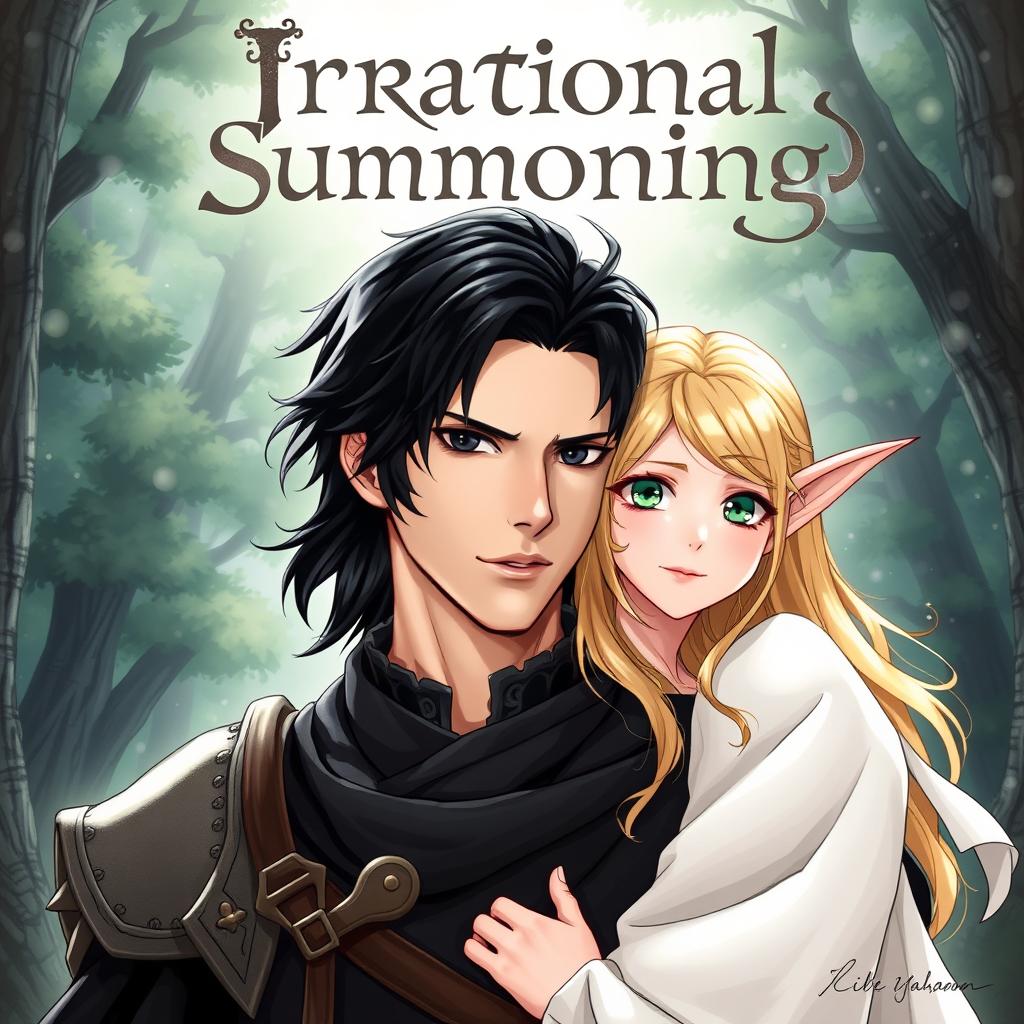 A manhua-style illustration featuring a semi-realistic depiction of a dark-haired, black-eyed man in medieval attire alongside a blonde, green-eyed elf in a flowing white dress