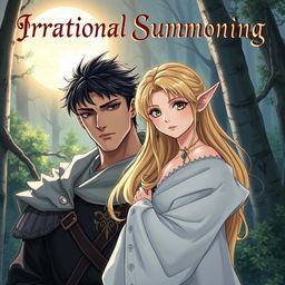 A manhua-style illustration featuring a semi-realistic depiction of a dark-haired, black-eyed man in medieval attire alongside a blonde, green-eyed elf in a flowing white dress