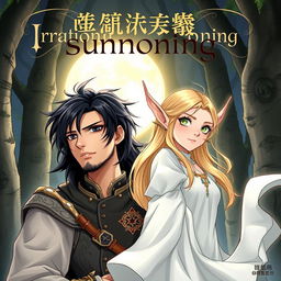 A manhua-style illustration featuring a semi-realistic depiction of a dark-haired, black-eyed man in medieval attire alongside a blonde, green-eyed elf in a flowing white dress