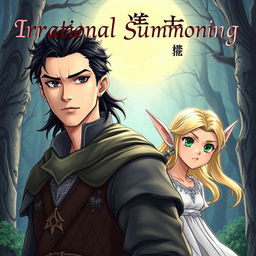 A manhua-style illustration featuring a semi-realistic depiction of a dark-haired, black-eyed man in medieval attire alongside a blonde, green-eyed elf in a flowing white dress