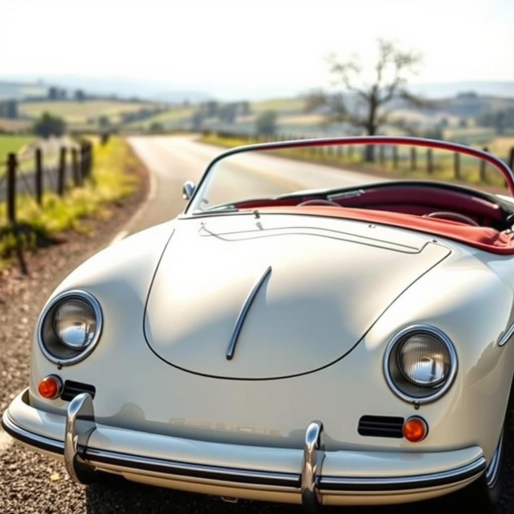 Classic 1962 Porsche 356 in original ivory color with a stunning red interior, parked stylishly on a scenic road