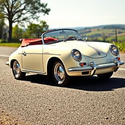 Classic 1962 Porsche 356 in original ivory color with a stunning red interior, parked stylishly on a scenic road