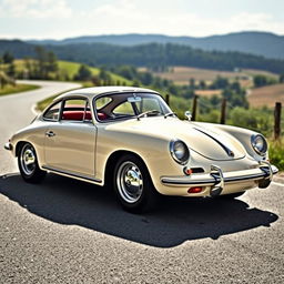 Classic 1962 Porsche 356 in original ivory color with a stunning red interior, parked stylishly on a scenic road