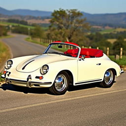 Classic 1962 Porsche 356 in original ivory color with a stunning red interior, parked stylishly on a scenic road