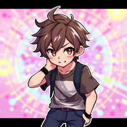 Anime-style young man with brown hair, in a captivating pose, pixel art aesthetic, set against a vibrant, colorful background