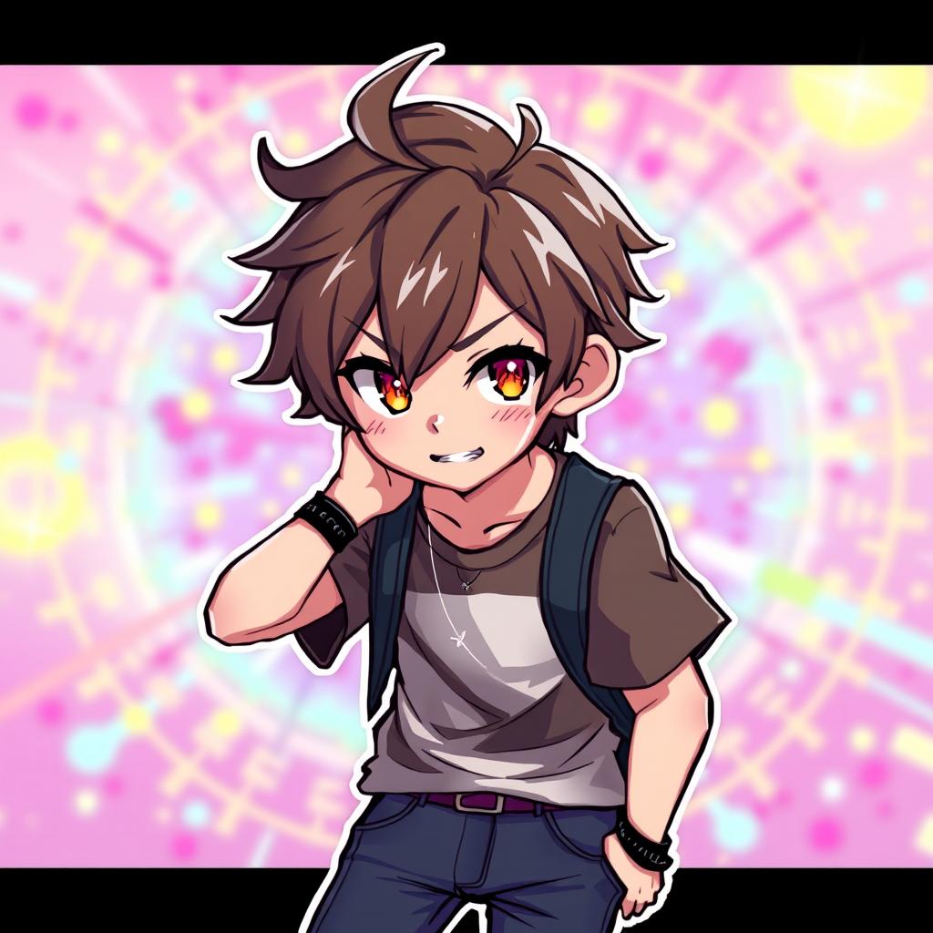 Anime-style young man with brown hair, in a captivating pose, pixel art aesthetic, set against a vibrant, colorful background